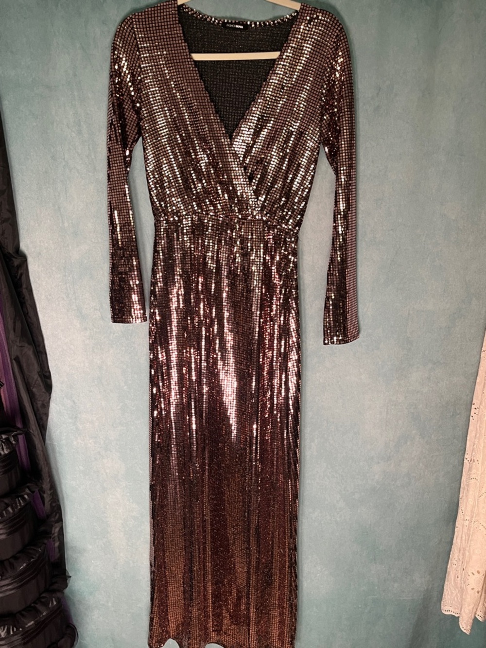 Shiny Faux Wrap Long Dress